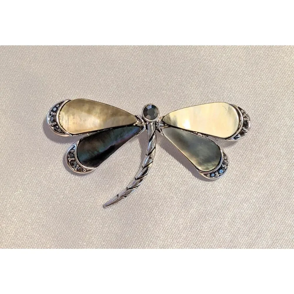 Monet Dragonfly Brooch Pin Gray Mother of Pearl Rhinestone Silver Tone Signed